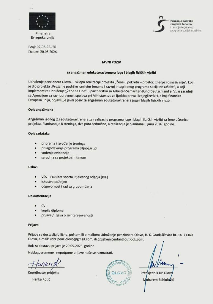 Udruženje penzionera općine Olovo objavljuje -JAVNI POZIV – za angažman edukatora/trenera joge i blagih fizičkih vježbi