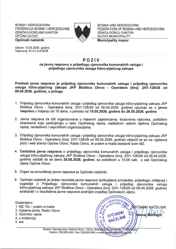 Poziv na javnu raspravu o prijedlogu cjenovnika komunalnih usluga