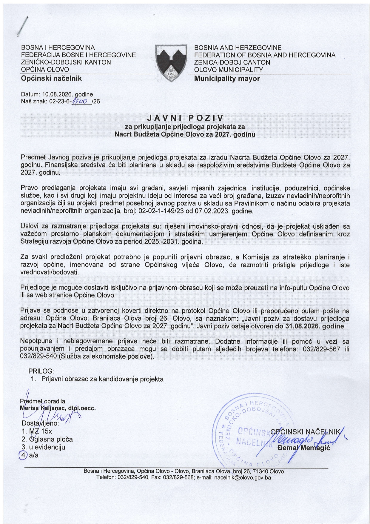 JAVNI POZIV za prikupljanje prijedloga projekata za Nacrt Budžeta Općine Olovo za 2027. godinu